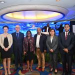Senator the Honourable Paula Gopee-Scoon, Minister of Trade and Industry (centre), The Honourable Stephen Mc Clashie, Minister of Labour (centre), with Mr. Randall Karim, Permanent Secretary, Ministry of Trade and Industry (2nd from right), Ms Tracey Hutchinson, Head of the UN Resident Coordinator Office (3rd from right), Dr. Phyllis Moreau, VP EurochamTT (1st from left), Ina Hodge, Programme Officer, UNCTAD (2nd from left), His Excellency Peter Cavendish, Ambassador Extraordinary and Plenipotentiary Delegation of the European Union (3rd from left), and Mrs Candice Lackhansingh, Director, Strategy, Business Facilitation and Programme Management (1st from right).