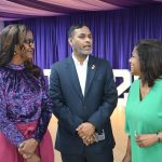 Senator the Honourable Paula Gopee-Scoon, Minister of Trade and Industry (right), with Ms. Camille Chattoor, General Manager of Caribbean Bottlers and Director of the Trinidad and Tobago Chamber of Industry and Commerce (left), Mr. Randall Karim, Permanent Secretary in the Ministry of Trade (Center)