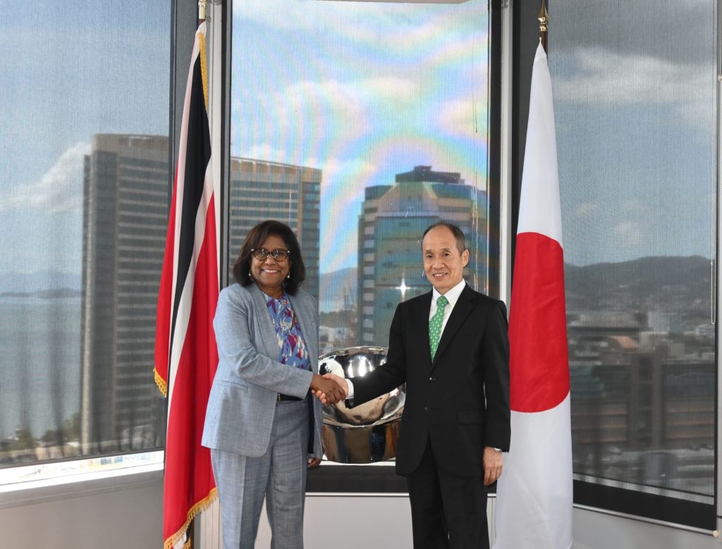 Senator the Hon. Paula Gopee-Scoon, Minister of Trade and Industry, shakes hands with His Excellency Dr. Akima Umezawa, newly-appointed Japanese Ambassador to Trinidad and Tobago, at a courtesy call at the MTI Headquarters on March 10, 2025.