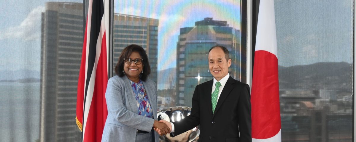 Senator the Hon. Paula Gopee-Scoon, Minister of Trade and Industry, shakes hands with His Excellency Dr. Akima Umezawa, newly-appointed Japanese Ambassador to Trinidad and Tobago, at a courtesy call at the MTI Headquarters on March 10, 2025.