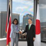 Senator the Hon. Paula Gopee-Scoon, Minister of Trade and Industry, shakes hands with His Excellency Dr. Akima Umezawa, newly-appointed Japanese Ambassador to Trinidad and Tobago, at a courtesy call at the MTI Headquarters on March 10, 2025.