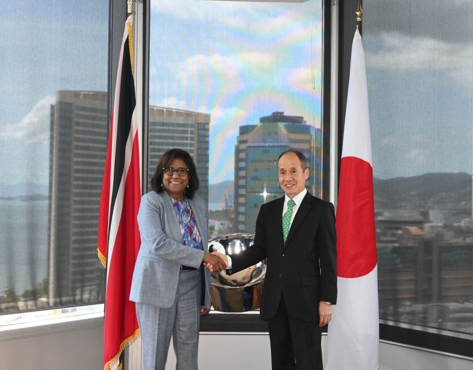 Senator the Hon. Paula Gopee-Scoon, Minister of Trade and Industry, shakes hands with His Excellency Dr. Akima Umezawa, newly-appointed Japanese Ambassador to Trinidad and Tobago, at a courtesy call at the MTI Headquarters on March 10, 2025.