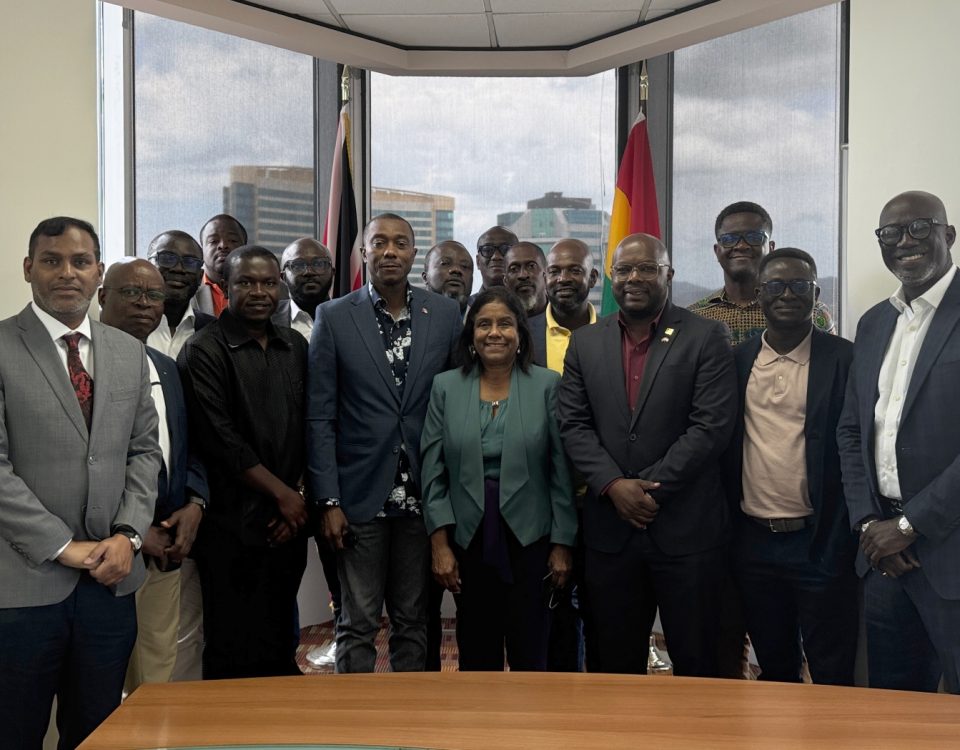 Minister of Trade and Industry, Senator the Honourable Paula Gopee-Scoon accompanied by a delegation of Ghanaian officials at the Ministry’s headquarters in Nicholas Towers, Port of Spain. At left is Permanent Secretary in the Ministry of Trade and Industry, Randall Karim. To the Minister’s right is President of the Trinidad and Tobago Manufacturers’ Association, Roger Roach.