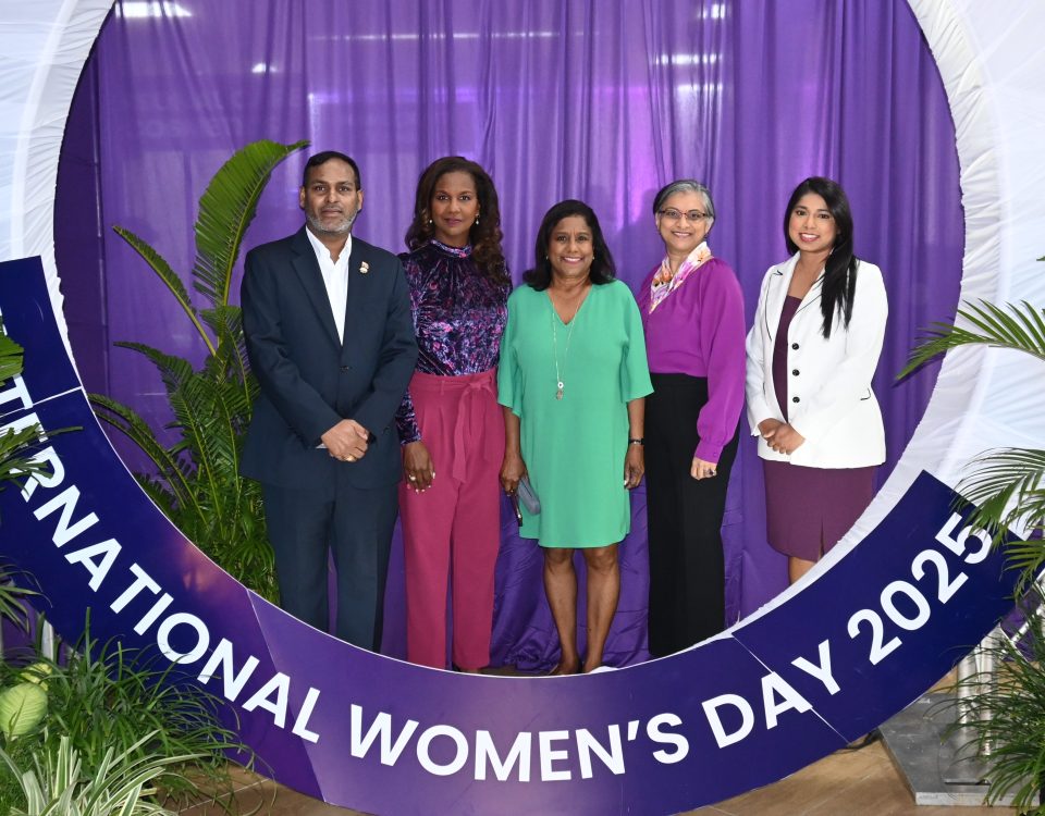 Senator the Honourable Paula Gopee-Scoon, Minister of Trade and Industry (centre), with Ms. Camille Chattoor, General Manager of Caribbean Bottlers and Director of the Trinidad and Tobago Chamber of Industry and Commerce (2nd from left), Mr. Randall Karim, Permanent Secretary in the Ministry of Trade (1st from left). To the Minister’s right is Mrs. Ava Mahabir-Dass, Deputy Permanent Secretary (Ag.) in the Ministry of Trade and Industry, and Ms. Candice Lackhansingh, Director, Policy and Strategy in the Ministry of Trade and Industry.