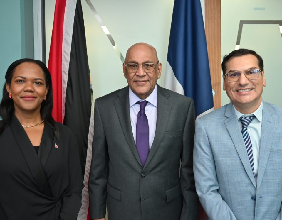 Senator the Honourable Satyakama Maharaj, Minister of Trade, Investment and Tourism (centre), with Ms. Ana Suero Santana, Chargé d’Affaires, a.i., of the Embassy of the Dominican Republic in Port of Spain (left), and Dr. Colin Neil Gosine, Parliamentary Secretary in the Ministry, following today’s meeting at the Ministry’s headquarters.