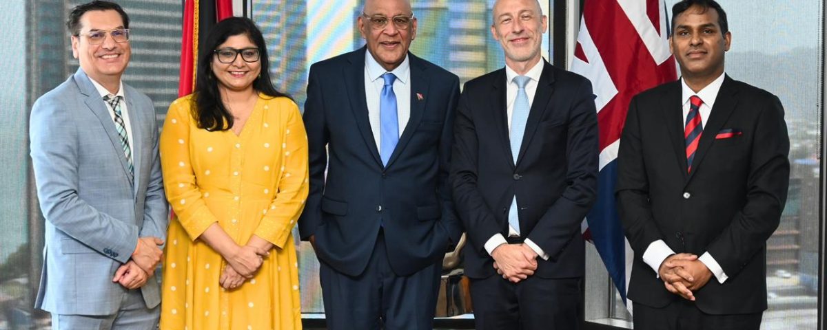 Senator the Honourable Satyakama Maharaj, Minister of Trade, Investment and Tourism (centre), with His Excellency Jon Dean, High Commissioner for the United Kingdom of Great Britain and Northern Ireland to the Republic of Trinidad and Tobago (2nd from right), Ms. Chinali Patel, Head of Political, Economic and Press Affairs at the High Commission (2nd from left), Dr. Colin Neil Gosine, Parliamentary Secretary in the Ministry (1st from left), and Mr. Randall Karim, Permanent Secretary (Ag.) (1st from right), following today’s meeting at the Ministry’s headquarters.