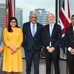 Senator the Honourable Satyakama Maharaj, Minister of Trade, Investment and Tourism (centre), with His Excellency Jon Dean, High Commissioner for the United Kingdom of Great Britain and Northern Ireland to the Republic of Trinidad and Tobago (2nd from right), Ms. Chinali Patel, Head of Political, Economic and Press Affairs at the High Commission (2nd from left), Dr. Colin Neil Gosine, Parliamentary Secretary in the Ministry (1st from left), and Mr. Randall Karim, Permanent Secretary (Ag.) (1st from right), following today’s meeting at the Ministry’s headquarters.