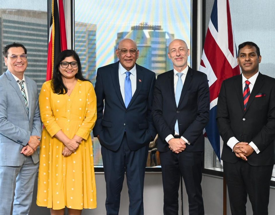 Senator the Honourable Satyakama Maharaj, Minister of Trade, Investment and Tourism (centre), with His Excellency Jon Dean, High Commissioner for the United Kingdom of Great Britain and Northern Ireland to the Republic of Trinidad and Tobago (2nd from right), Ms. Chinali Patel, Head of Political, Economic and Press Affairs at the High Commission (2nd from left), Dr. Colin Neil Gosine, Parliamentary Secretary in the Ministry (1st from left), and Mr. Randall Karim, Permanent Secretary (Ag.) (1st from right), following today’s meeting at the Ministry’s headquarters.