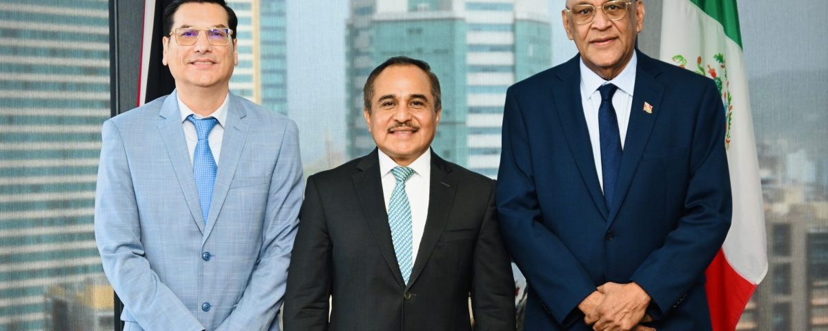 Senator the Honourable Satyakama Maharaj, Minister of Trade, Investment and Tourism (right) and Dr. Neil Gosine MP, Parliamentary Secretary (right) with His Excellency Victor Hugo Melendez, Ambassador of Mexico (Centre)