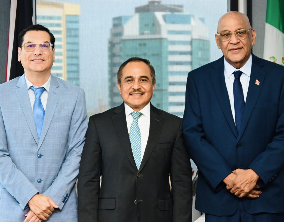 Senator the Honourable Satyakama Maharaj, Minister of Trade, Investment and Tourism (right) and Dr. Neil Gosine MP, Parliamentary Secretary (right) with His Excellency Victor Hugo Melendez, Ambassador of Mexico (Centre)