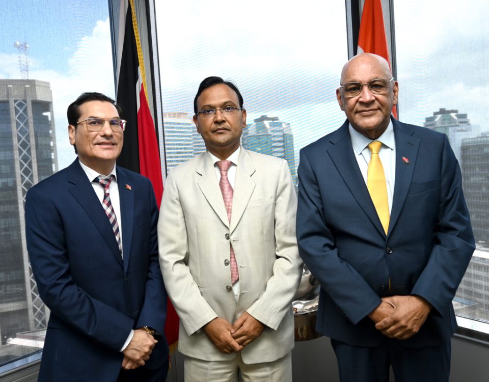 group photo of Minister, Parliamentary Secretary, and High Commissioner for the Republic of India